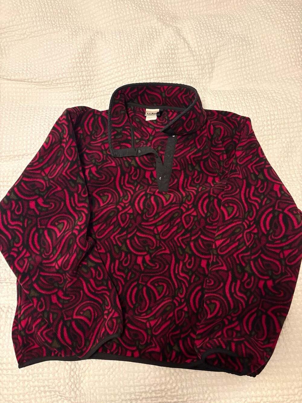 Vintage L.L. Bean Fleece Pullover Snap-T Red Abstract Print